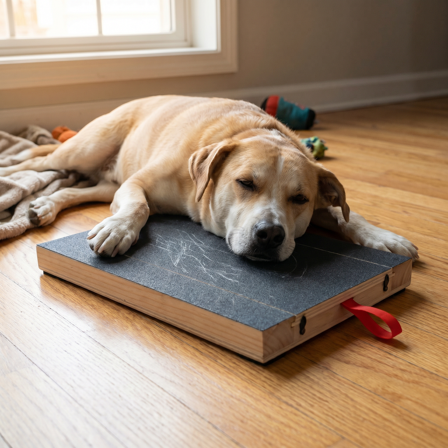 Otis resting his chin on the Calm Method board after a session