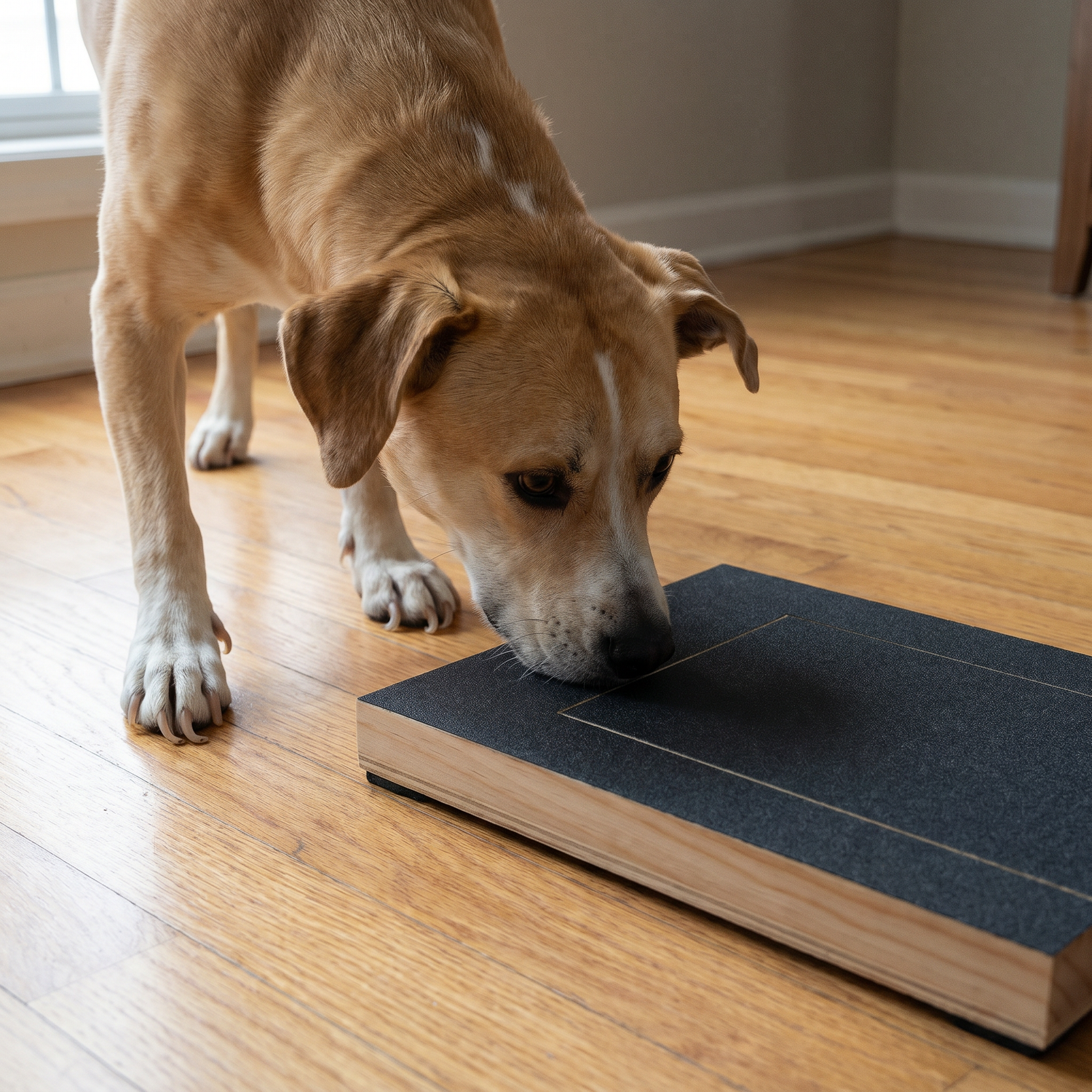 Day 1 — Otis sniffing the Calm Method board, long nails visible