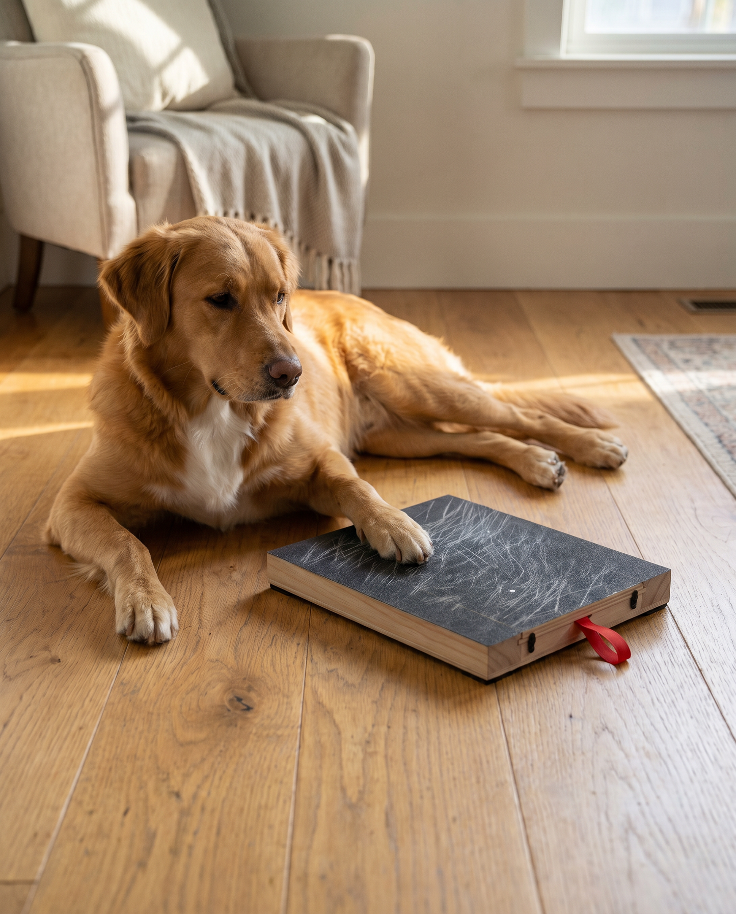 Otis using the Calm Method board in his home