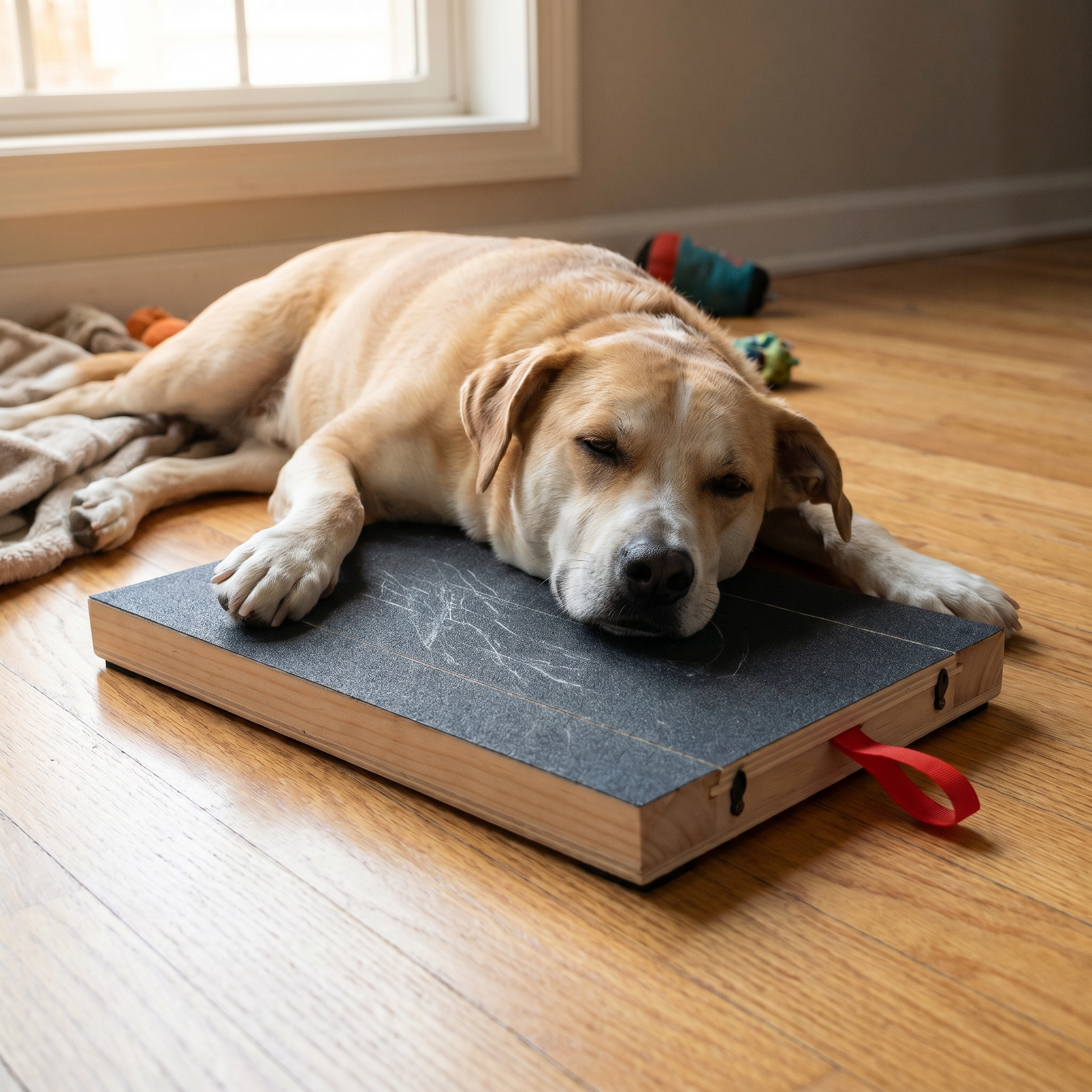 Otis resting his chin on the Calm Method board after a session