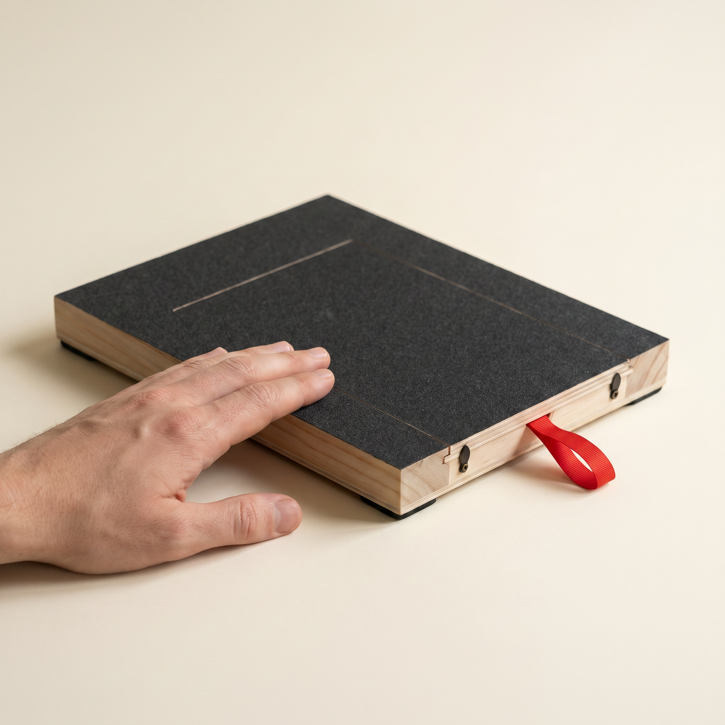 Hand on top of the Calm Method board for size scale