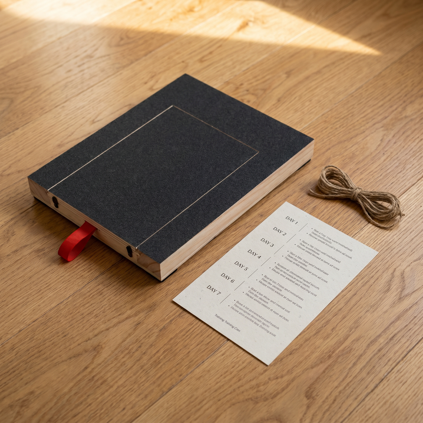 What arrives in the Calm Method box - board, Day 1-7 card, jute cord